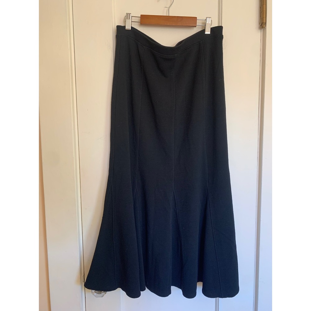 Eileen Fisher Black Italian Fabric Viscose Wool Knit Panel Godet Midi Skirt Sz M